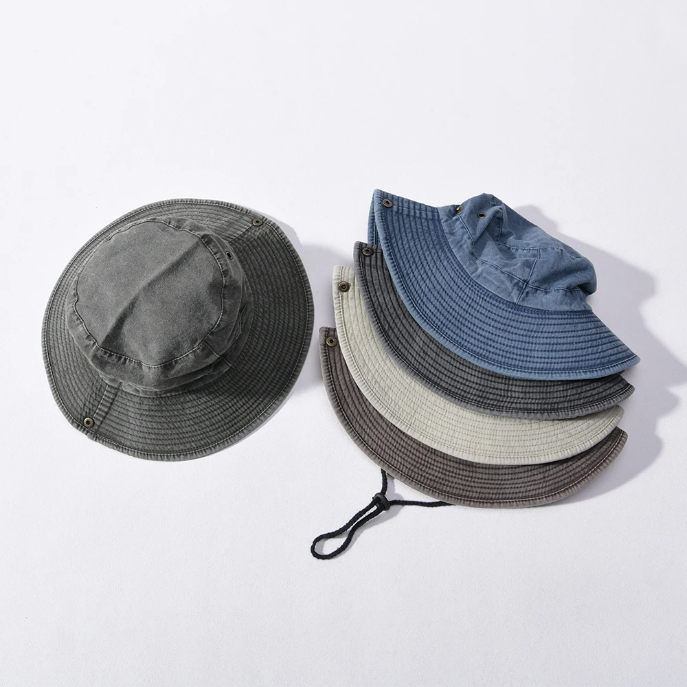 Jxwatcher Washed Denim Bucket Hat with String Spring Summer Camping Fishing Outdoor Panama Hats Foldable Wide Brim Fisherman Cap