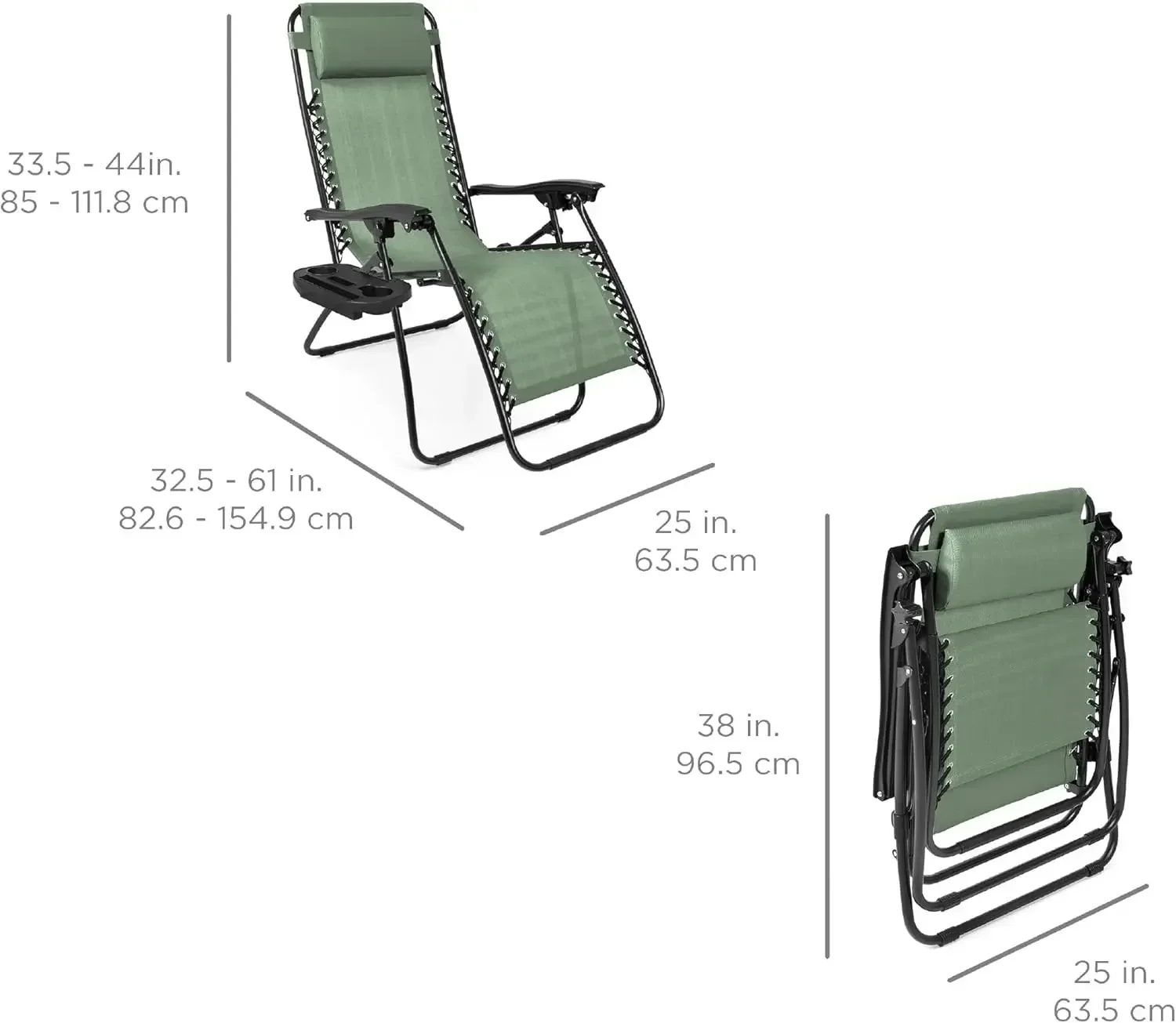 Set of 2 Adjustable Steel Mesh Zero Gravity Lounge Chair Recliners w/Pillows and Cup Holder Trays - Sage Green