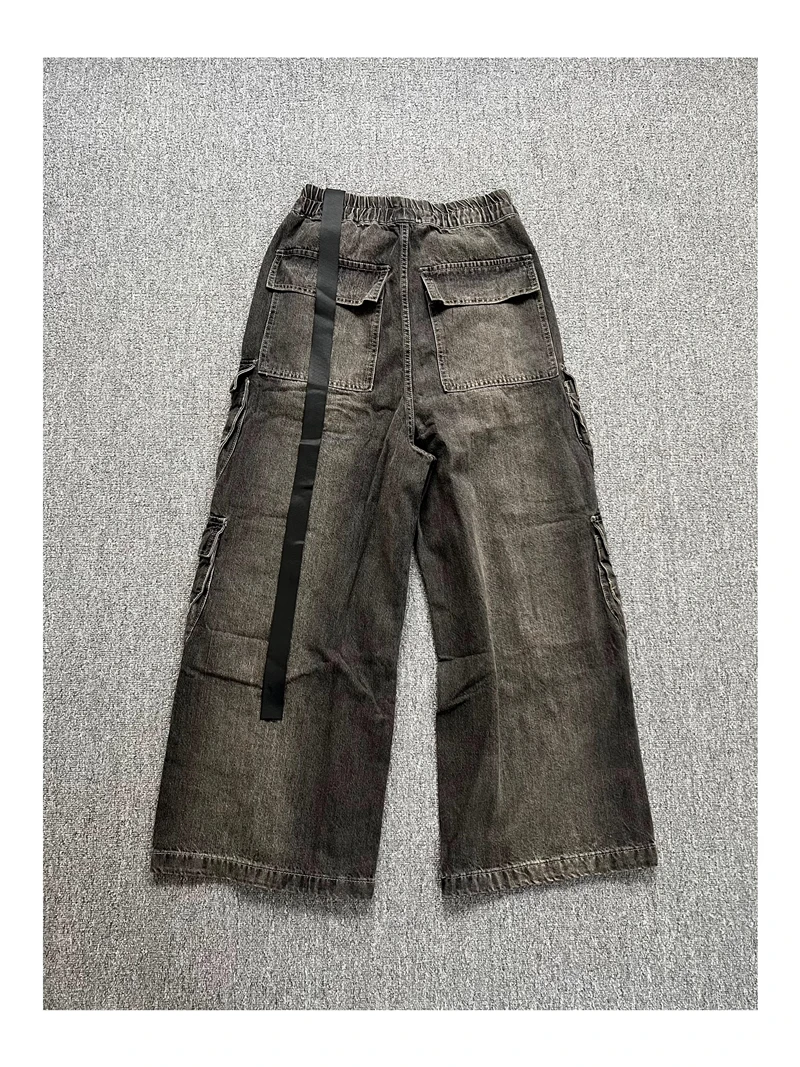 High Street RO Style Denim Pants Men's Wide Leg Multi Pocket Smoke Grey Jeans Street Men's Casual Loose Pants Men Clothing