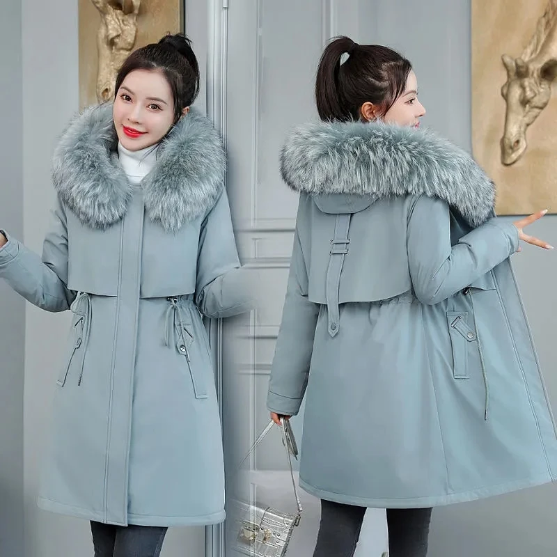 2022ฤดูหนาวสำหรับผู้หญิงใหม่แจ็คเก็ต8XL Slim Long Coat Casual Parkas Big Fur ผ้าขนสัตว์ Hooded Outwear ให้ความอุ่นผ้าฝ้ายเสื้อโค้ทหญิง