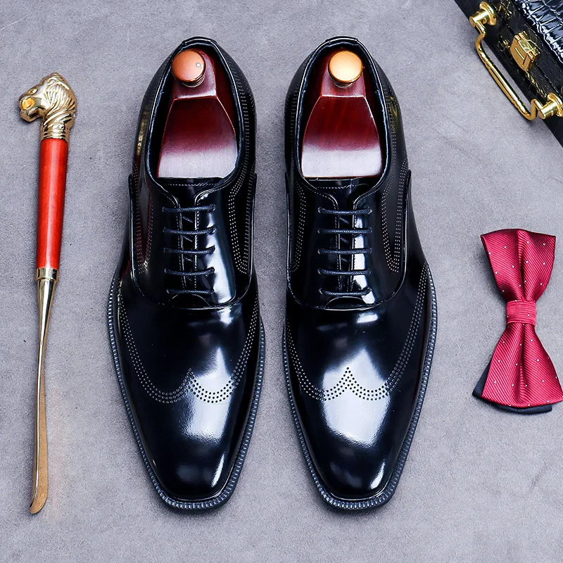 

Business Dress Leather Shoes Men's British Lace up Bright Leather Patent Leather Oxford Cowhide Wedding Shoes Patent Leather