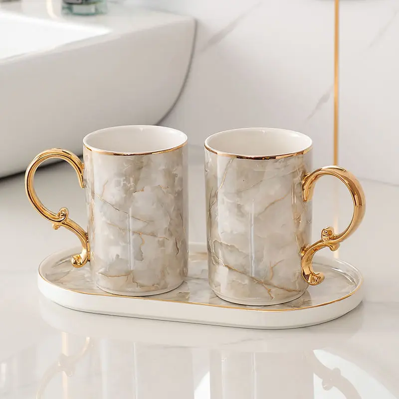 European Marble Ceramic Lotion Bottle Toothbrush Holder Bathroom Accessories Set Cup Soap Dish Shampoo Dispenser Bottle Decor