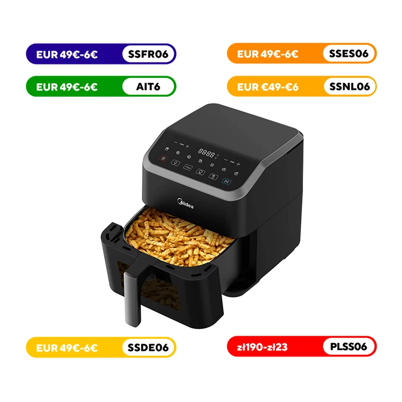 Midea Heißluftfritteuse, 5 l Fassungsvermögen, HeatXpress-Technologie, 90 % weniger Öl, Energie und Zeitersparnis mit 7 Voreinstellungen, MAD55F8APK