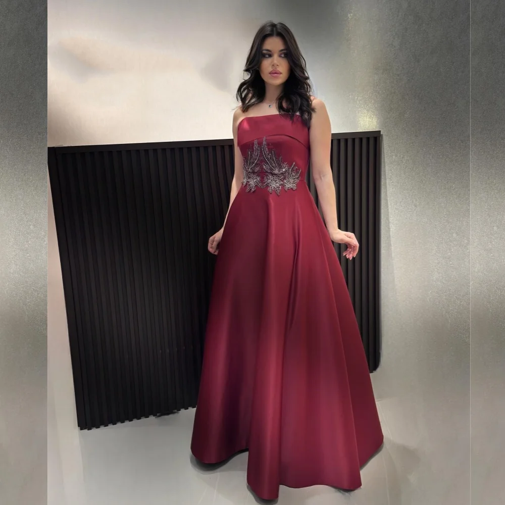 Sparkle Exquisite High Quality Satin Sequined Beading Ruched Graduation A-line Strapless Bespoke Occasion Gown Long Dresses