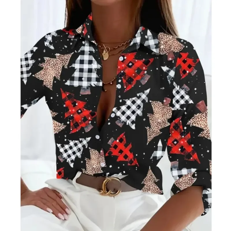 2024 New Autumn Clothing Elegant Women\'s Long Sleeved Shirt Street Commuting Style Christmas Printed Patterns Blouses Tops Femme