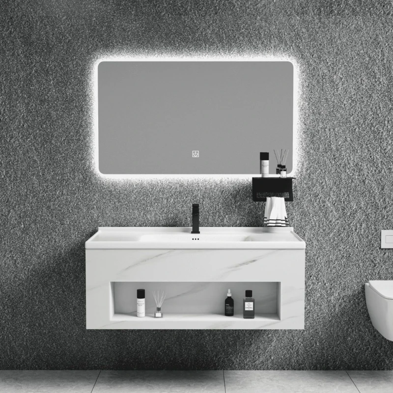 خزانة حوض بلاطة صخرية معدنية جديدة لعام 2025، مرآة ذكية للحمام، مقاومة للماء، حوض غسيل متكامل من السيراميك #1