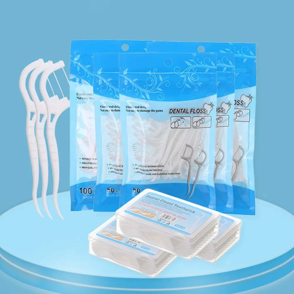 50/100 Pcs/Bag Flat Dental Floss Disposable Ultra-fine Floss Family Pack Tooth Cleaning Double Head Interdental Brush Women