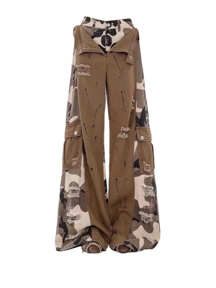 two-piece splicing jeans women's autumn camouflage tooling sweet cool personality trendy babes wide-leg mopping pants