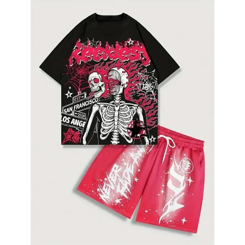 

2025 Summer New Men's Fashion 3D Skull Pattern Printed Soft, Comfortable, Breathable Street Leisure Hip Hop Set
