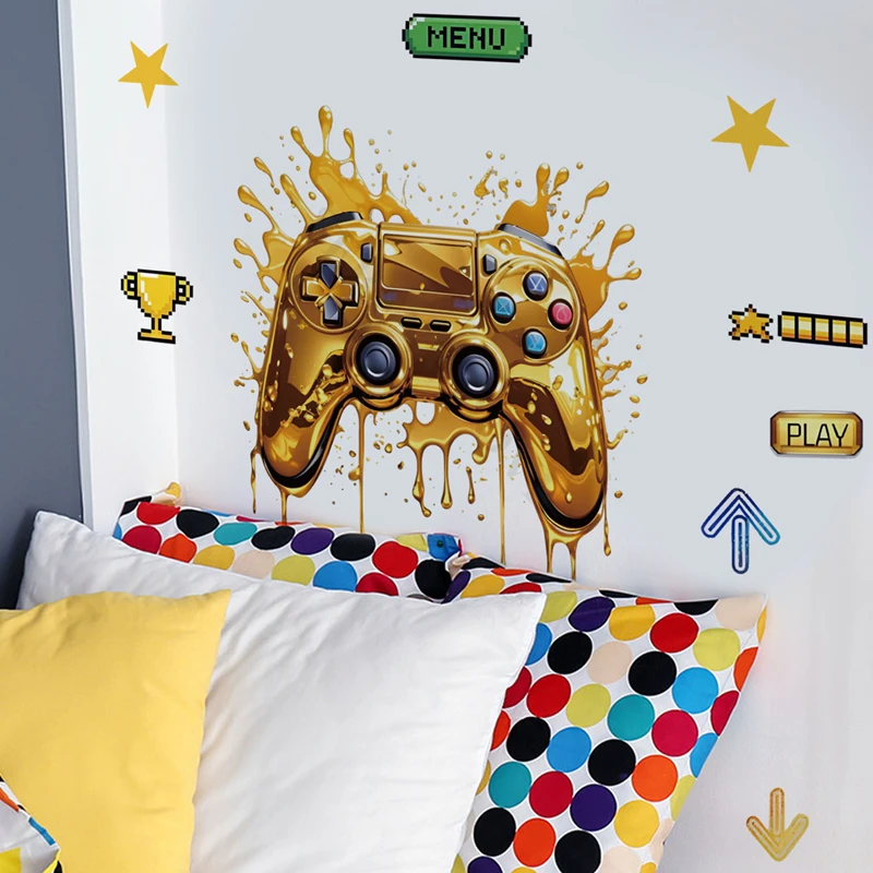 Cool Golden Game Gamepad 3D Vinyl Walls Art Mural Stickers for Home Kids Bedroom Gaming Room Gamer Zone Decoration Poster Decals