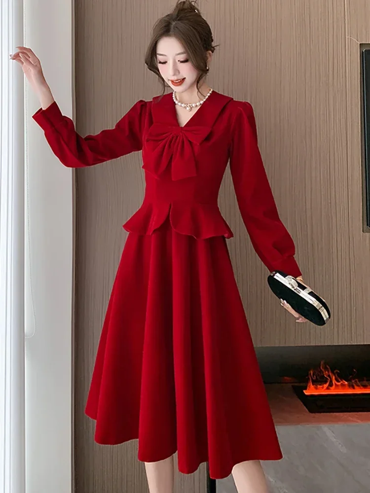 2025 coreano vintage vestidos de noite feminino veludo vermelho chique babados elegante vestido longo arco colarinho vestido de luxo para casamento feminino