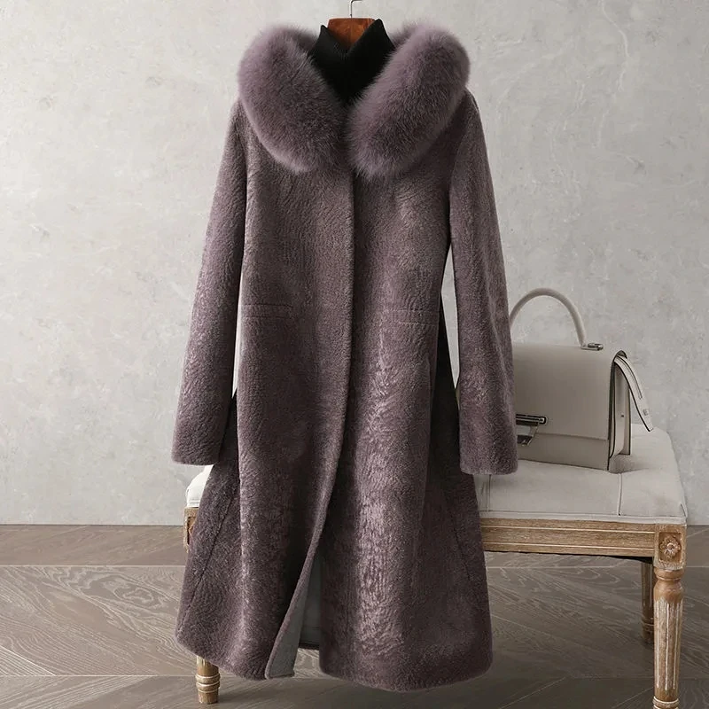 

Fox Fur Collar 100% Wool Outerwear Women 2022 Winter New Grain Sheep Shearling Jacket Female Long Slim Thick Warm Woolen coat