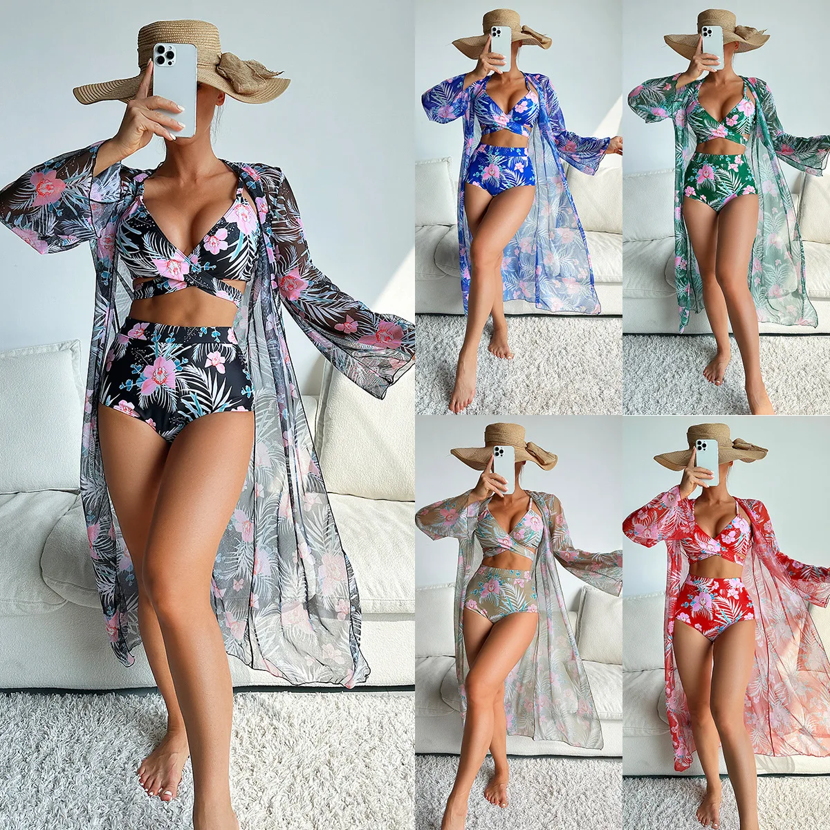 Women's Three Pieces Floral Print Bikini Set V Neck High Cut Swimsuit Sheer Mesh Long Sleeve Cover Up Beach Bathing Suits