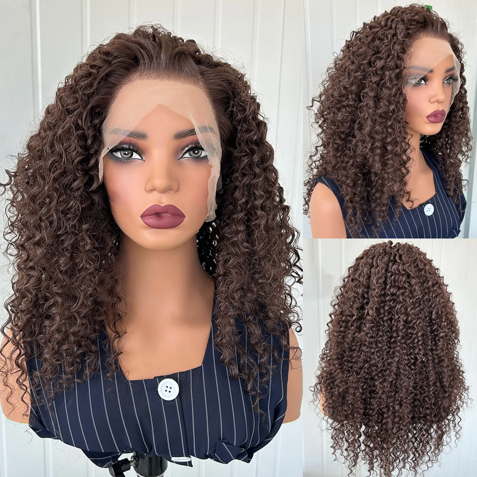 

Темно-коричневые афро-глубокие вьющиеся синтетические парики спереди для женщин, свободная часть, шоколадно-коричневый, странный, вьющийся, пушистый, 13X4, ежедневное использование для вечеринок