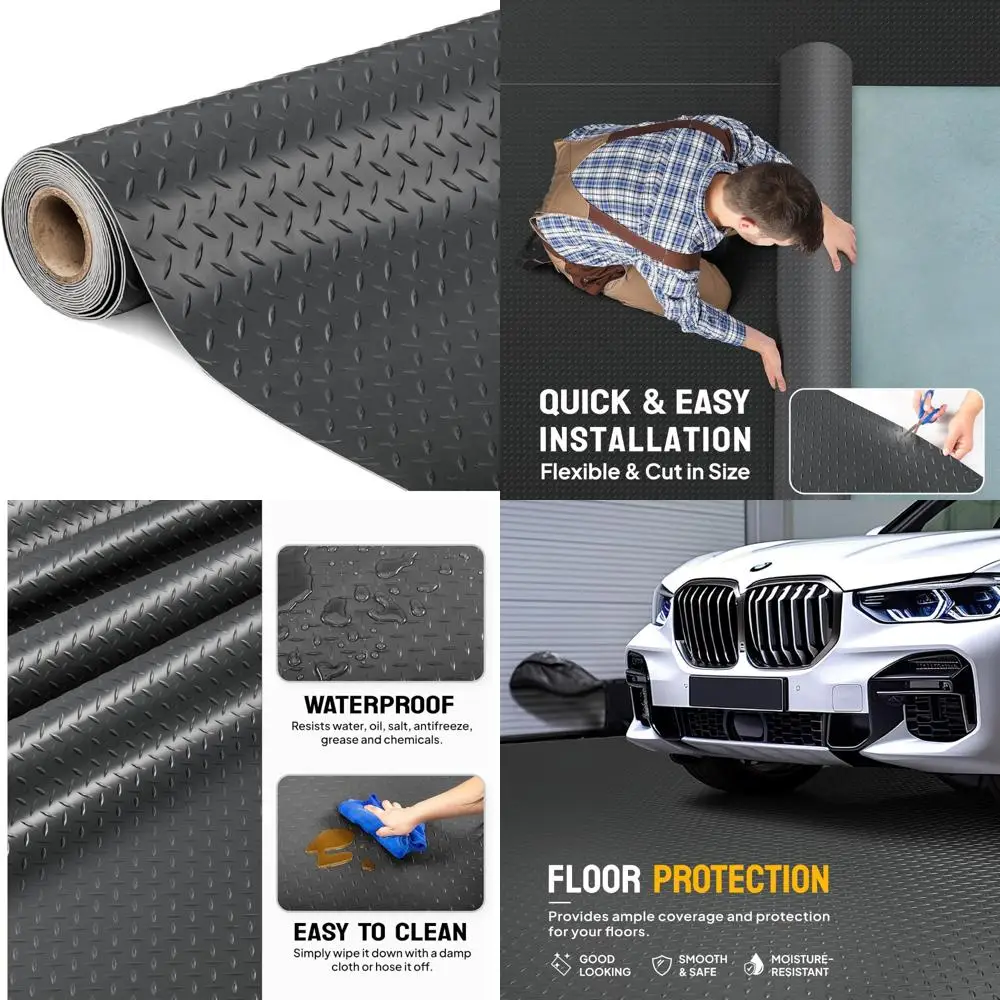 Thickened Diamond Plate PVC Garage Floor Mat - 5x10 Feet Flooring Roll for Under Car and Parking Spaces