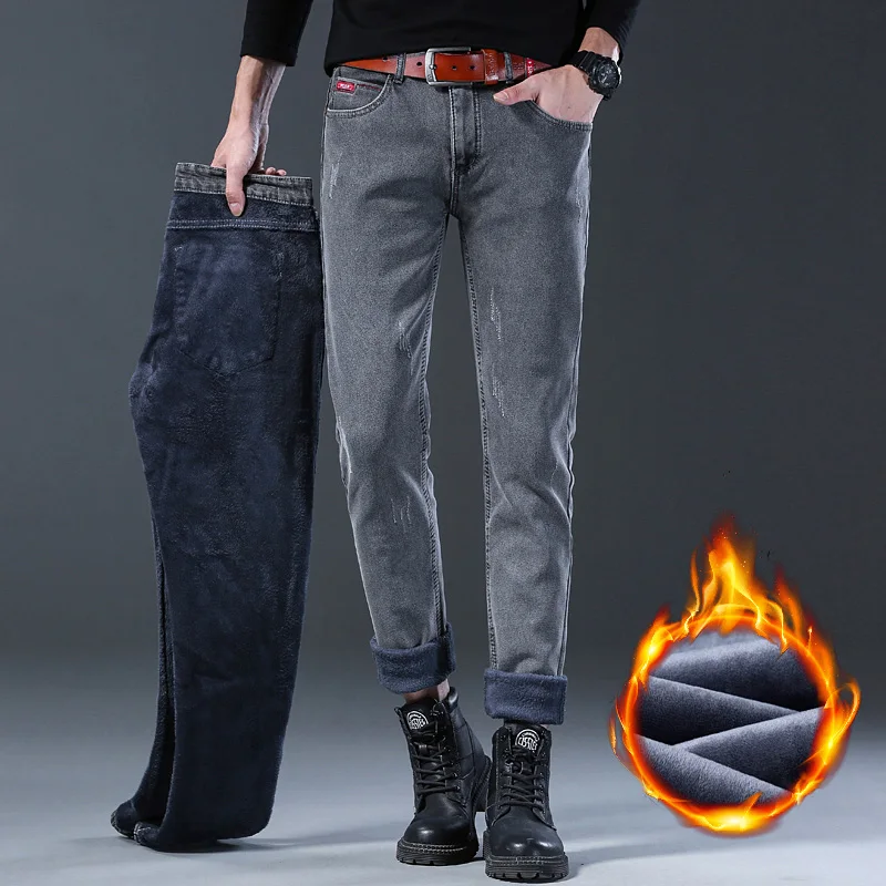 Winter New Men\'s Plush Warm Denim Pants Slim Straight Gentleman Slacks Fashion European American Style Stretch Men Luxury Jeans