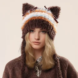 Bow Fashion Personalized Cat Ear Keep Warm Knitted Hat Multicolour Striped Plush Winter Hat Beanie Athleisur Bonnet Female