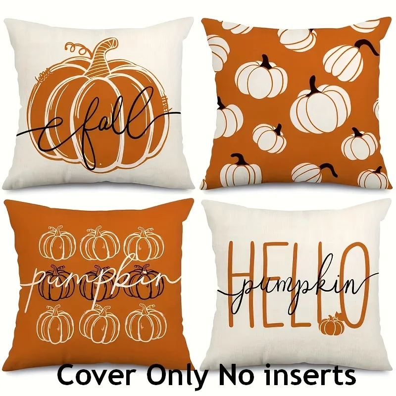 4PCS Warm Orange Hand Drawn Pumpkin Cushion Cover Plush Single-sided Pillowcase For Homestay Living Room Autumn Holiday Decor