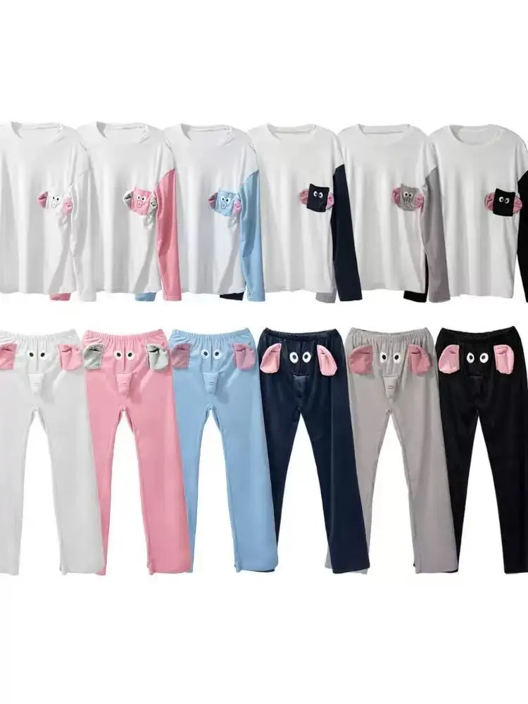 

Funny Squeaky Cosplay Pajamas Set | Cute Pink Elephant Nose Embroidery Long Sleeve Sleepwear | Loose Trousers Lounge Set