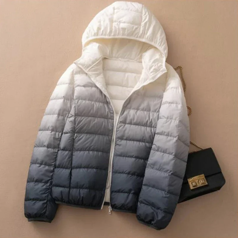 Inverno feminino 90% pato branco para baixo casaco ultra leve oversize puffer jaqueta feminina curto com capuz cor gradiente parkas 2024