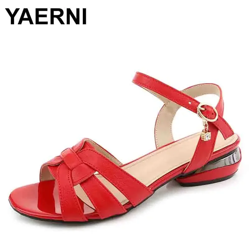 

Elegant Genuine leather peep toe sandals for women 2024 summer new 3cm mid heels party shoes red beige