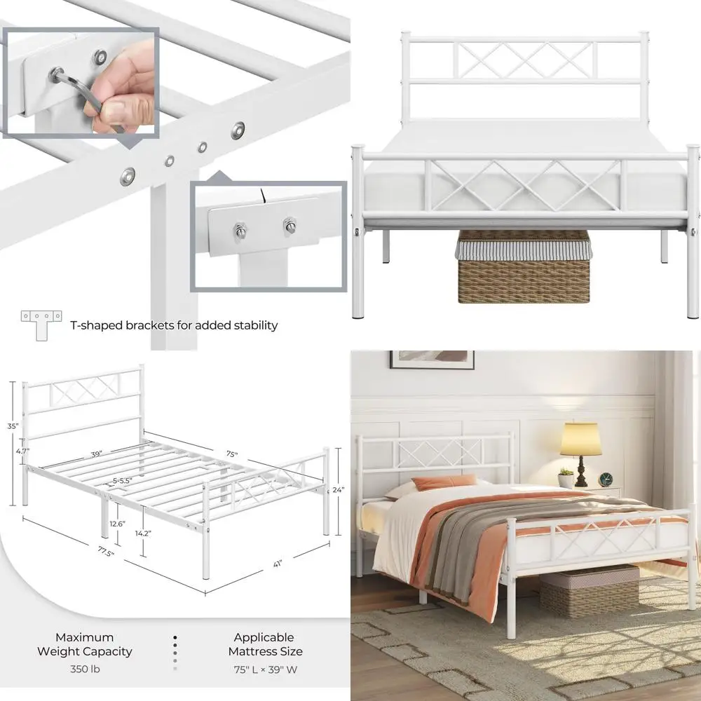 

Белый двойной металлический каркас кровати с изголовьем, изножьем и местом для хранения под кроватью, коробчатая пружина не требуется, простая сборка