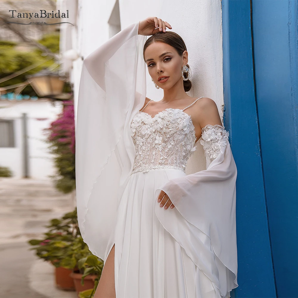 

Flare Sleeves With 3D Flowers Lace Wedding Detachable Sleeves Set Chiffon Long Fingerless Gloves Boho DG109