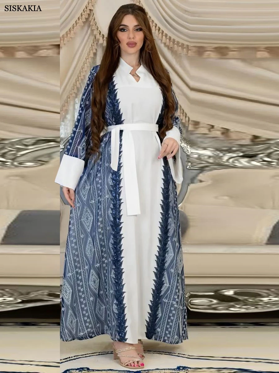 

Siskakia Fashion Moroccan Embroidery Sequins Belted Patchwork Party Long Dresses Arab Saudi Abayas Muslim African Women Clothing