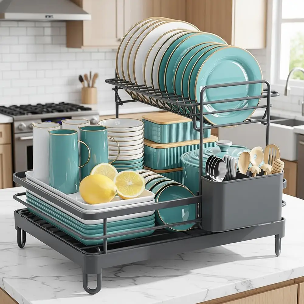 

Большая сушилка для посуды из нержавеющей стали, 2-уровневый органайзер для кухни для хранения тарелок, мисок, столовых приборов, серый