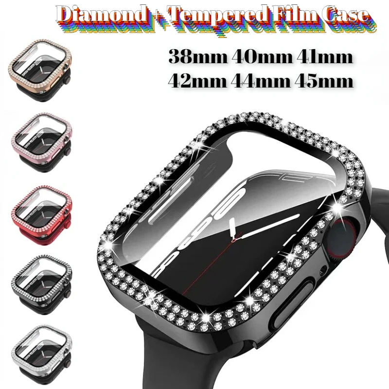 

Diamond + Tempered Film Case for Apple Watch 9 8 7 45mm 44mm Glass Protective Cover for IWatch 6 5 4 3 SE 41mm 40mm 42mm Shell