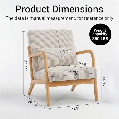 Mid Century Modern Accent Chairs Set of 2, Upholstered Fabric Armchairs with Lumbar Pillows and Solid Rubberwood Frame
