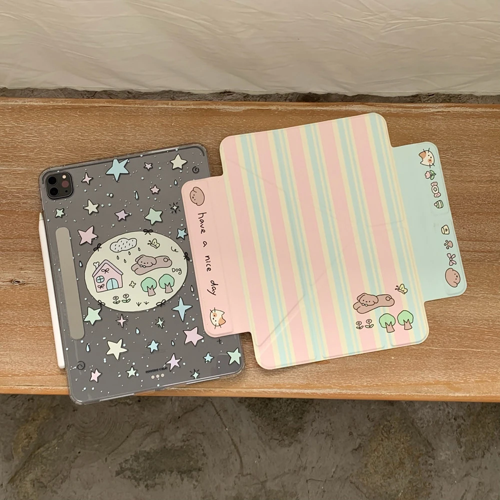 

Korean Running Puppy Stripes Stars Y2K Cover For iPad Pro 13 11th M5 M4 12.9 A16 10 8 7 9th 10th Air 11 M2 M3 Mini Tablet Case