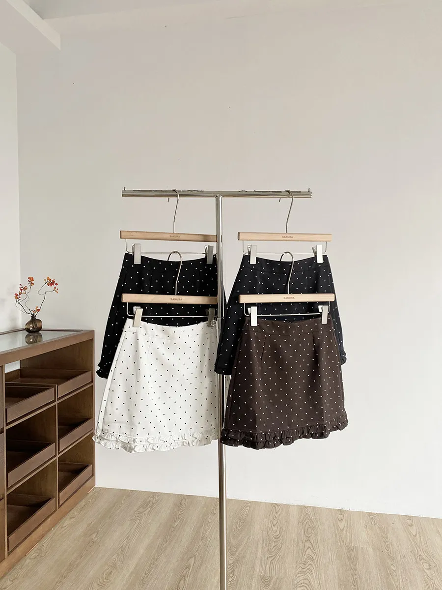 

Women's Spring Autumn Cute Polka Dot Ruffled Hem A Line Short Skirt Lady Sweet High Waist Short Skirt