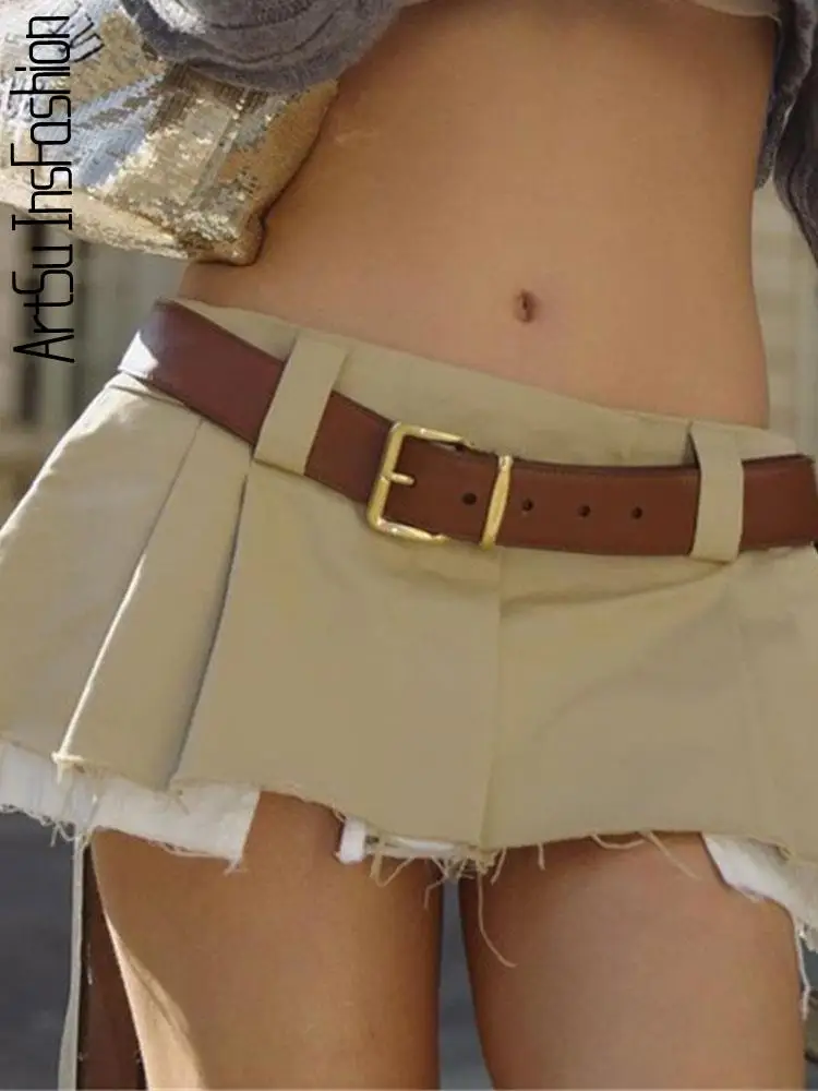 

Khaki Mini Skirt Pleated Women 2024 Summer Low Waist Skirt Fashion Tassels Micro Short Skirt Female Bottoms Sexy Skirts Ladies