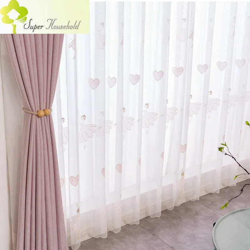 Sweet Ballet Girls Princess Curtains for Children's Bedroom Love Pattern Sheer Curtain Mesh Fabric Voile Tulle Drape