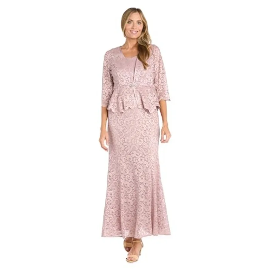 Long Glitter Lace Peplum Dress W/an Overlay Jacket and Rhinestone Buckle