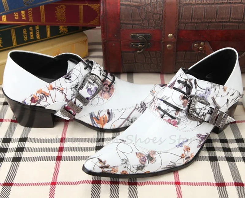 Vintage White Pointed Toe Floral Print Brogues Lace Up Handmade Dress Shoes Men's Buckle Strap Casual Business Oxford Shoes