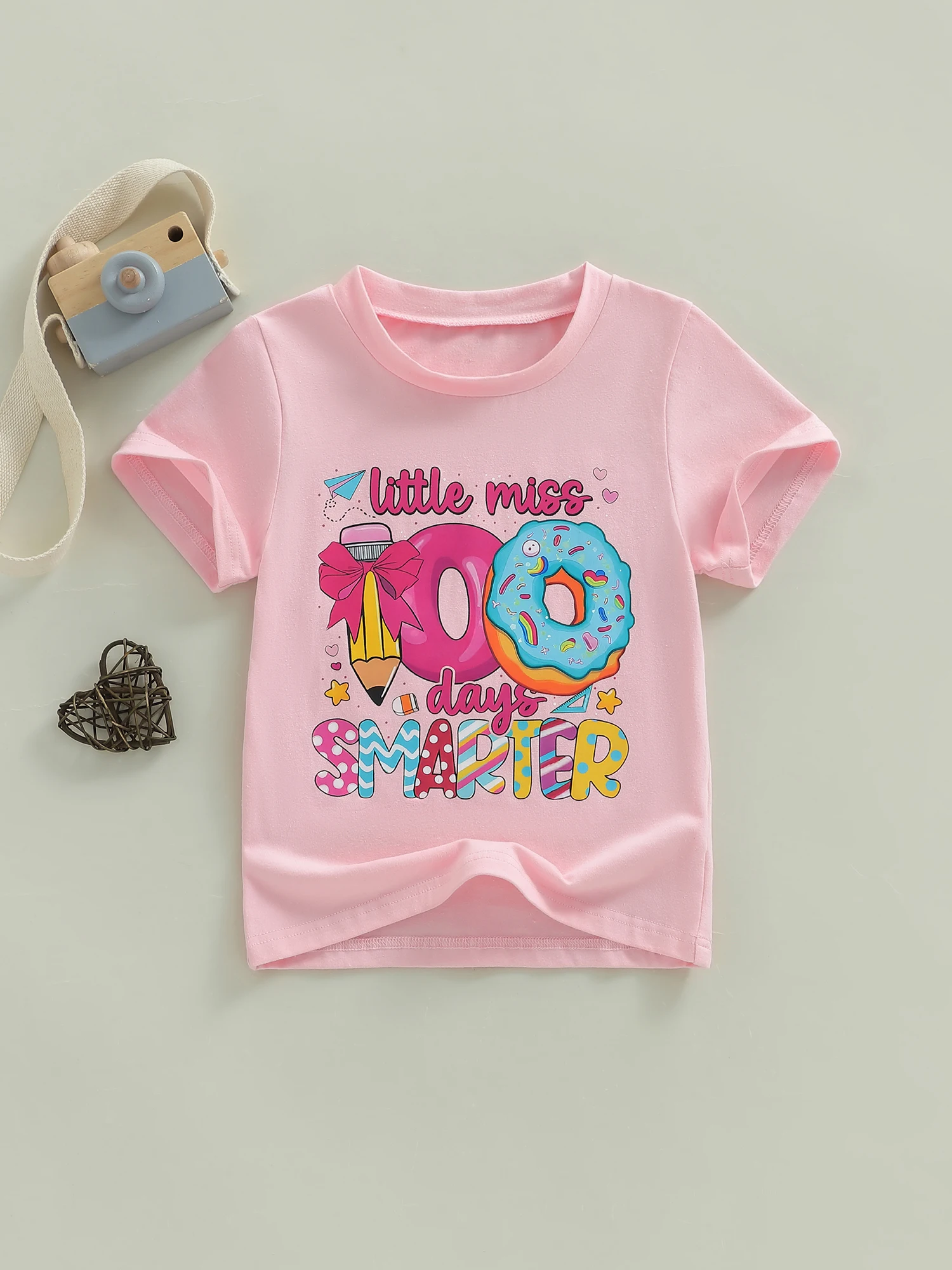 

Girl Short Sleeve Tops Little Miss 100 Days Smarter Pencil Print Round Neck T-Shirt Daily Wear Birthday Presents