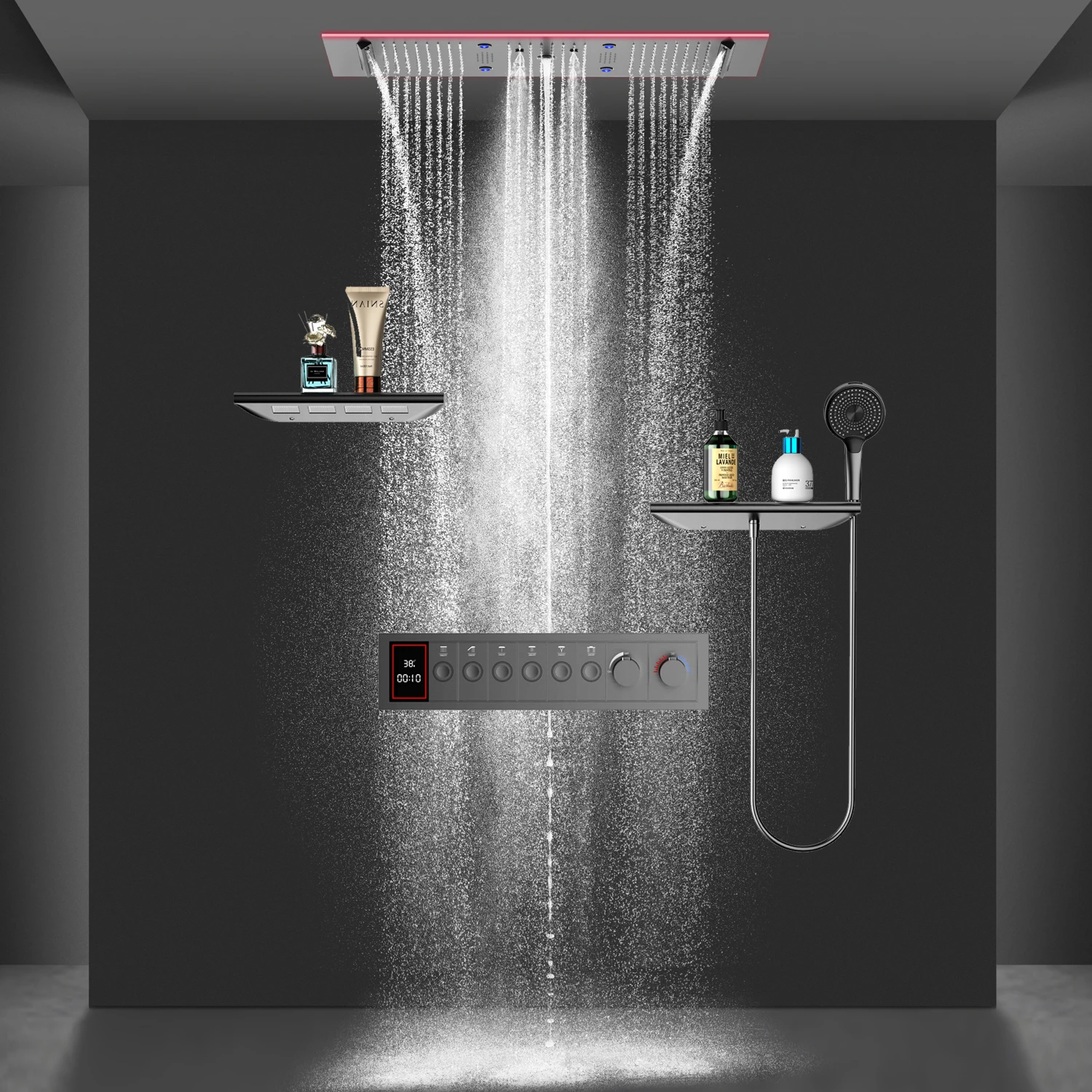 Newest Big Size 900*300mm 6 Function Led Shower Head Rain Waterfall Shower Bathroom Gun Grey Thermostatic Shower Set