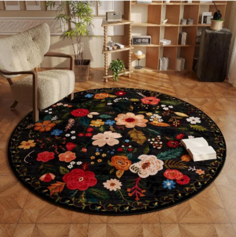 Retro Pastoral Flower Imitation Cashmere Carpet Household Round Sofa Rug Anti Slip Floor Mat