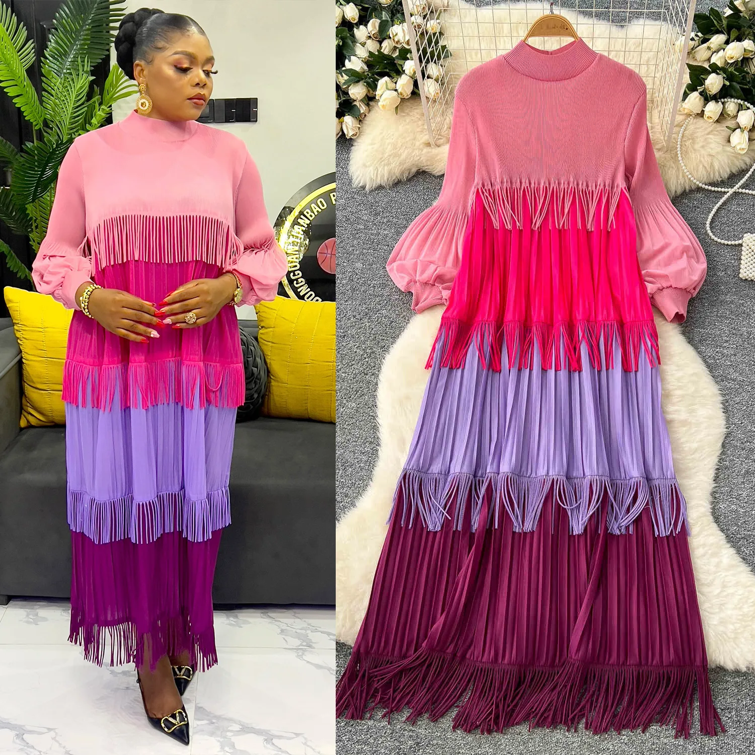 

Long Dress Women Tassel Dresses A Line Vestidos Round Neck Lantern Sleeve Elegant Splice Y2k Streetwear Slim Fit Work 2025