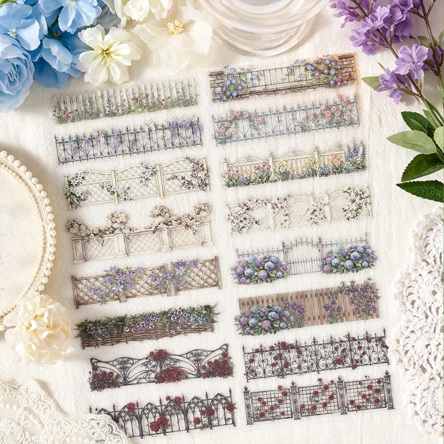 Lot de 10 autocollants floraux « Fence Whisper » pour journaux, fournitures vintage, clôtures fleuries, scrapbooking, décalcomanies DIY, imperméables en PET