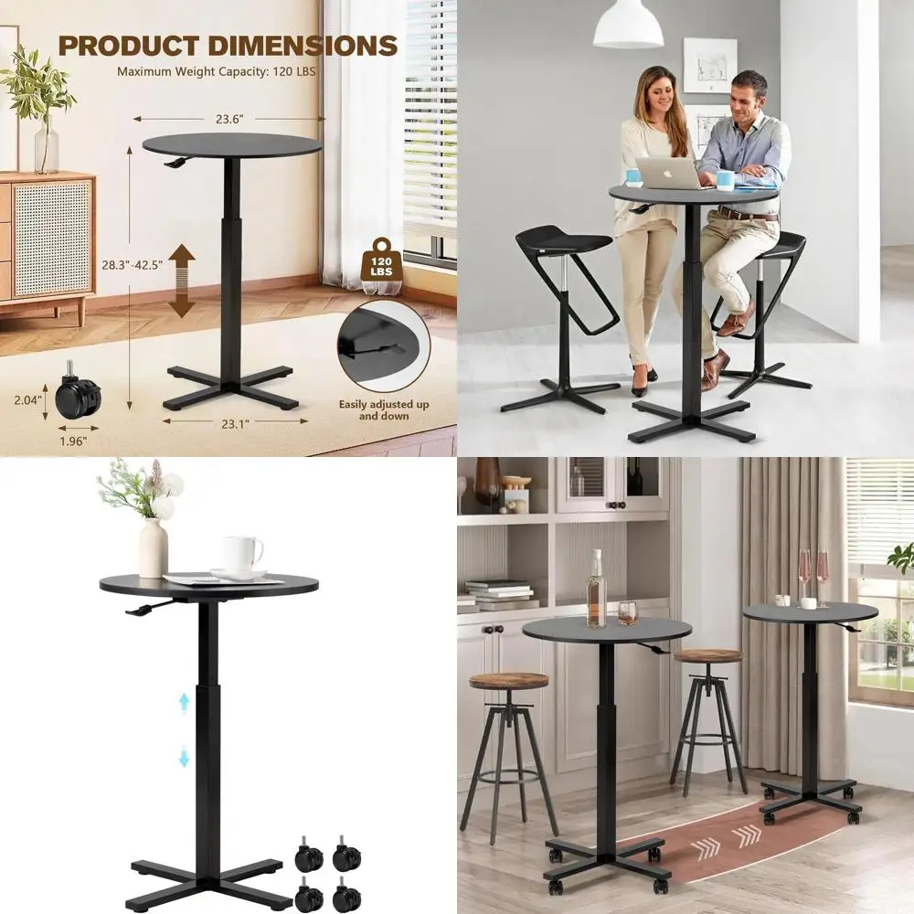 

Adjustable Height Round Pub Table 23.8, Removable Wheels, Multi-Use for Kitchen, Coffee Bar, Dining, Black