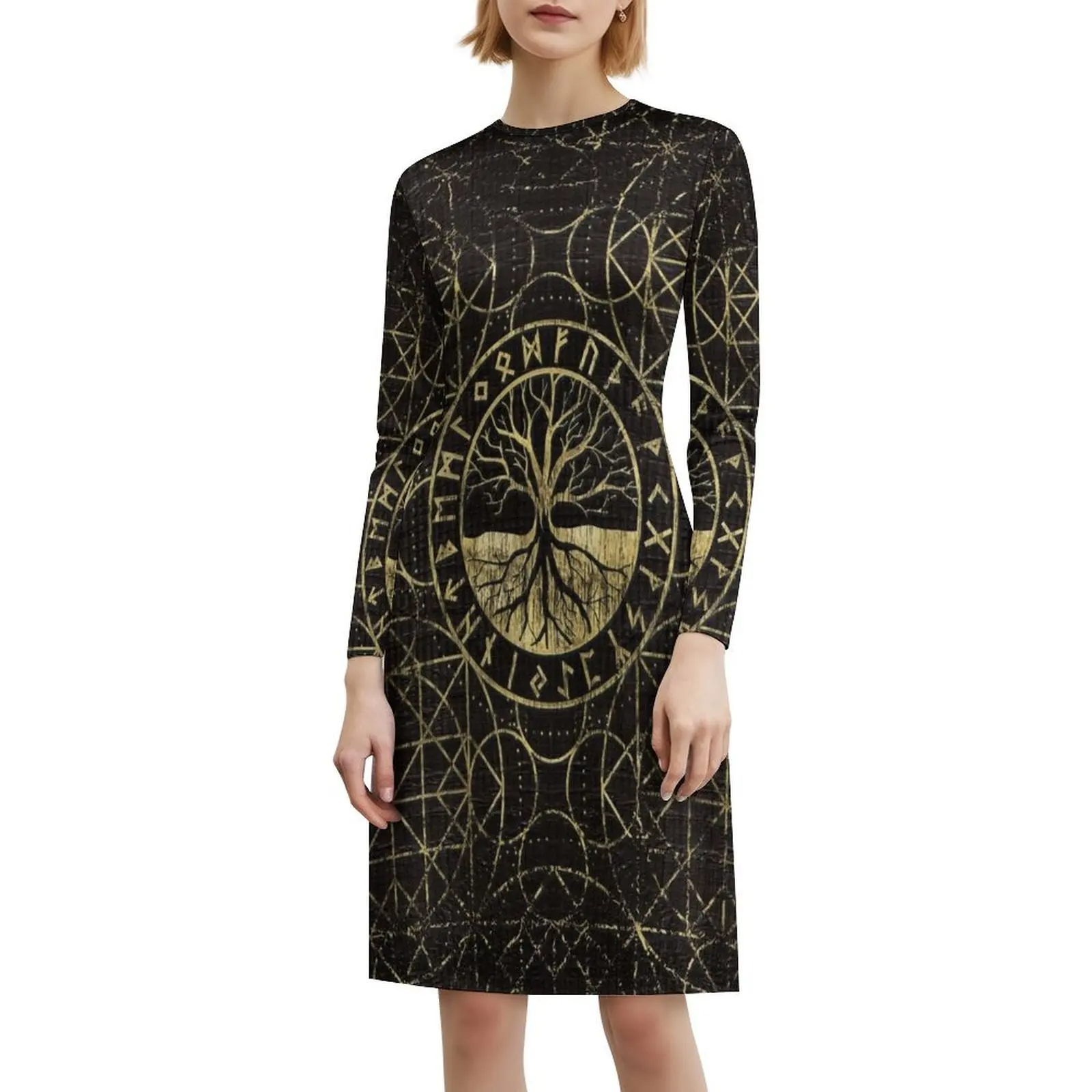 فستان بوهيمي عتيق من Tree Of Life-Yggdrasil and Runes بأكمام منتفخة أو خيارات بدون أكمام للنساء فستان شجرة الحياة #6