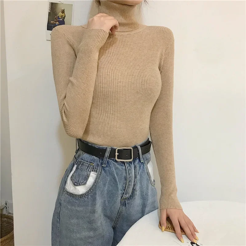 Suéter de cuello alto de manga larga para mujer, Jersey de punto liso ajustado, Tops informales de oficina, 2024, otoño e invierno, 24414