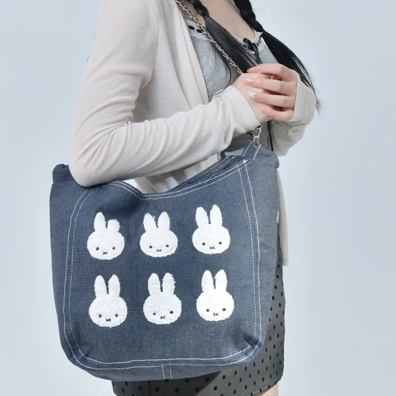 New Miniso Rabbit Cowboy Canvas Chain Bag Square Shape Portable Single Shoulder Girl Student Inclined Shoulder Bag