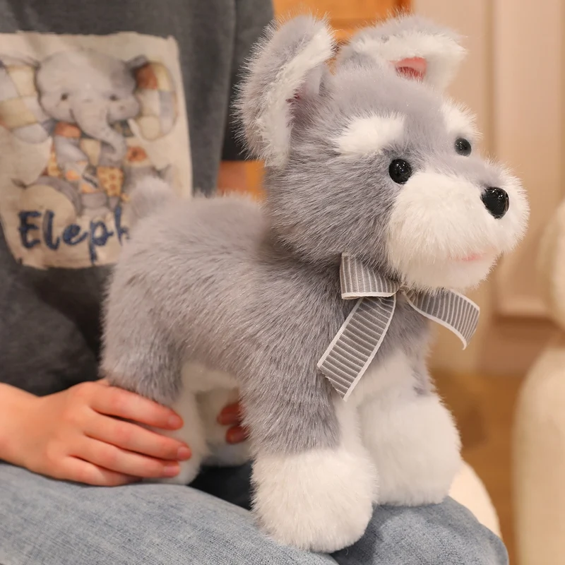 Figuras de Schnauzer de postura de pie, juguetes de peluche, Collar de corbata, perros, lindo, súper suave, regalo de Navidad y Halloween, decoración de fiesta para niños