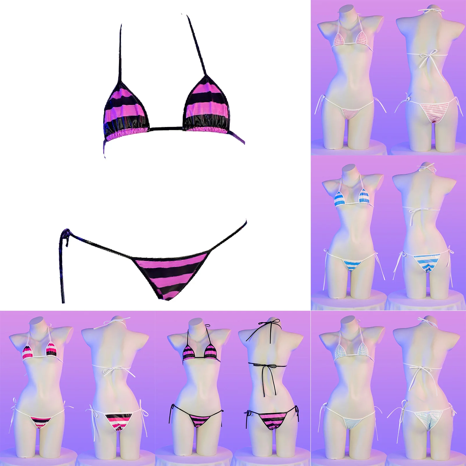 

Women's Sexy Micro Bikini Bra Sets Halter Striped Mini Bra Top with Low Waist Briefs Sets Sissy Pool Party Vacation Beachwear