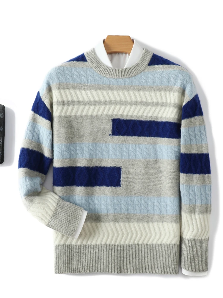 

Мужской свитер из 100% мериносовой шерсти, осень-зима, толстый пуловер с круглым вырезом, жаккардовый простой повседневный трикотаж с геометрическим рисунком, мужская одежда, топы