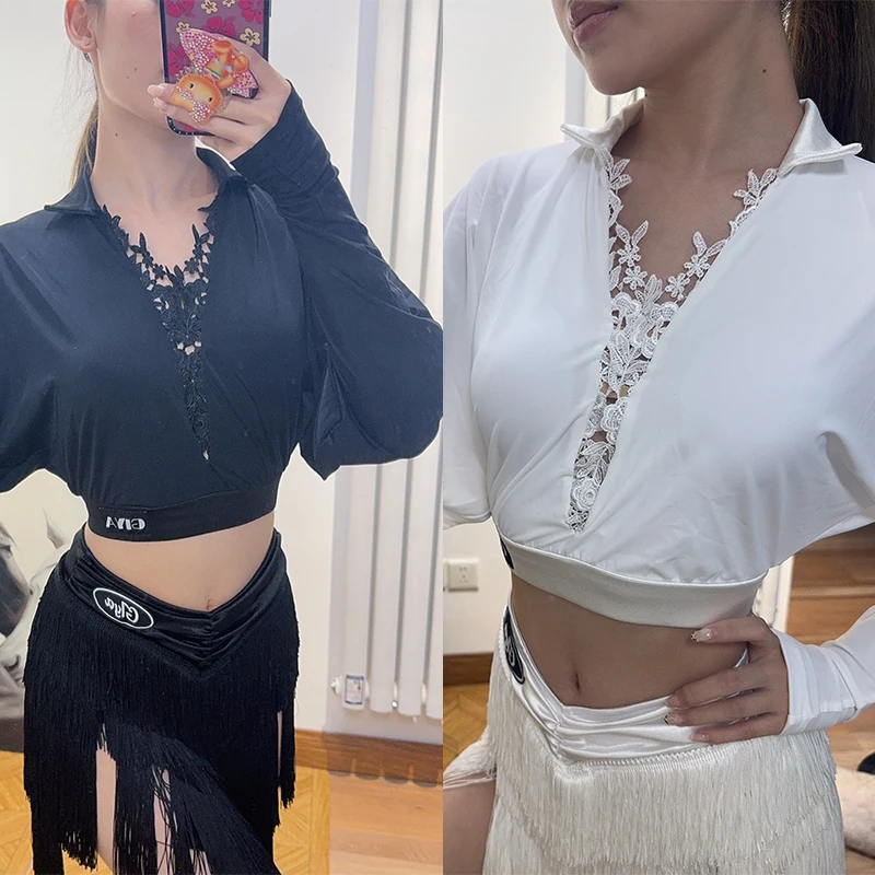 เสื้อผ้าเต้นรำละตินผู้หญิงเสื้อลูกไม้สั้นผู้ใหญ่ชัช่ารุมบ้าเต้นรำเสื้อฝึกซ้อมเสื้อผ้าแขนยาวเสื้อสีดำ DNV25291